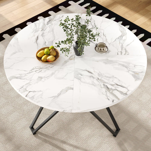 Esstisch-Set (5-teilig), Esstisch-Set mit 4 Stühlen, Modernes Küchen-Esstisch-Set, Runder Küchentisch mit Durchmesser 100 cm, Schwarze Metallbeine, MDF-Marmor-Tischplatte, Graue Samt-Esszimmerstühle