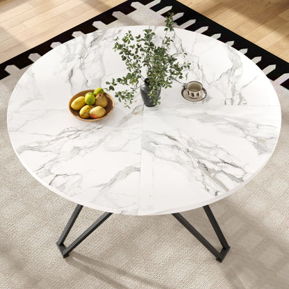 Esstisch-Set (5-teilig), Esstisch-Set mit 4 Stühlen, Modernes Küchen-Esstisch-Set, Runder Küchentisch mit Durchmesser 100 cm, Schwarze Metallbeine, MDF-Marmor-Tischplatte, Graue Samt-Esszimmerstühle