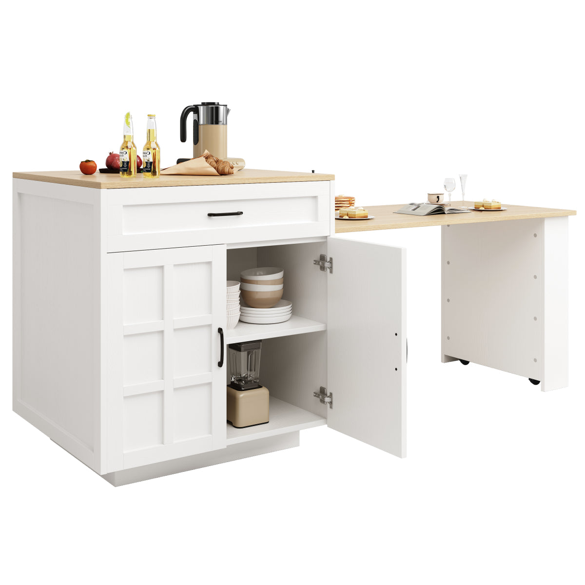 Bartisch ausziehbar 133-202cm, Kücheninsel mit Marmor-Optik & Stauraum, Esstisch für 2-6 Personen, Küchenwagen mit Schubladen & Regalen, Weiß