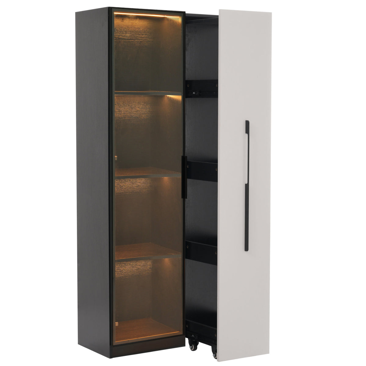 Multifunktionsschrank 70x40x160cm - LED Vitrine mit Glastür aus gehärtetem Glas & Aluminiumrahmen, Seitenauszug auf Rollen, Schwarz-Weiß