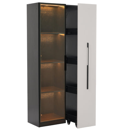 Multifunktionsschrank 70x40x160cm - LED Vitrine mit Glastür aus gehärtetem Glas & Aluminiumrahmen, Seitenauszug auf Rollen, Schwarz-Weiß