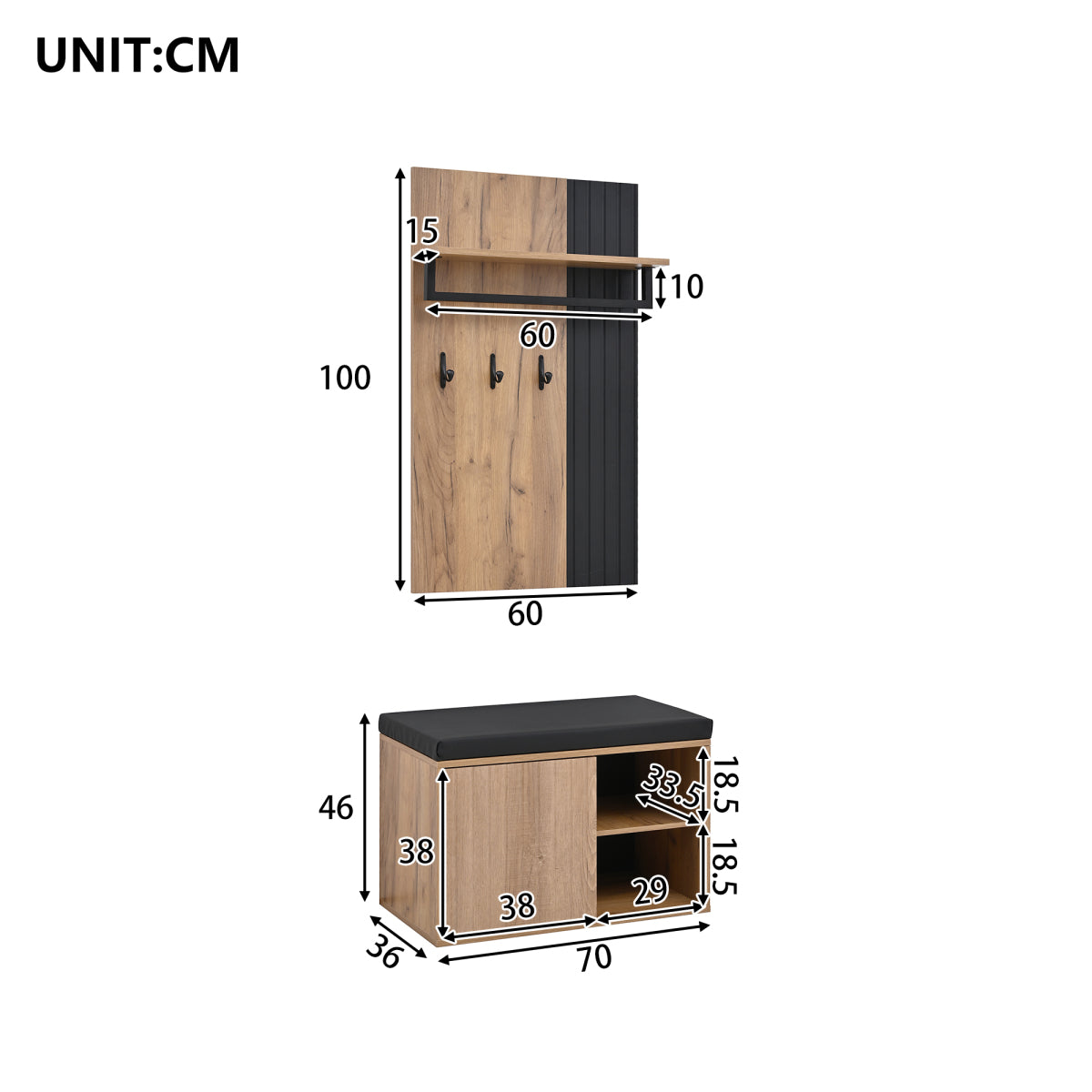 Schuhbank mit Garderobe & 3 Haken, Schuhschrank mit 2 Türen und Sitzbank, Flurmöbel aus Spanplatte, Schwarz/Natur, B70×T36×H146 cm
