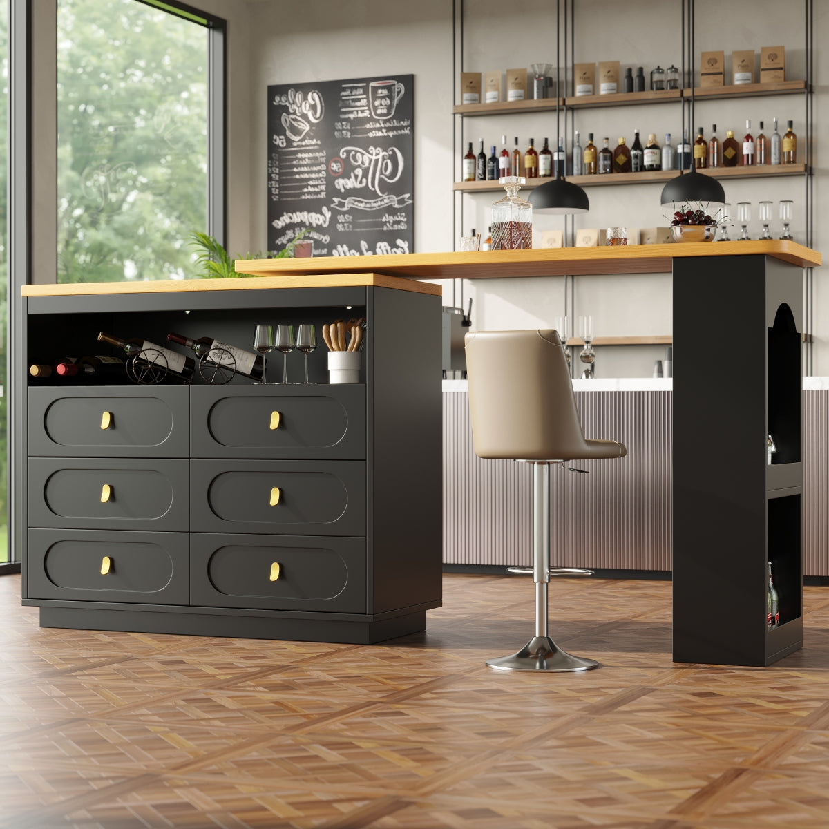 Bartisch ausziehbar 138-203cm, 360° drehbarer Stehtisch mit 6 Schubladen & Snack-Regal, moderner Küchentisch, Schreibtisch & Bar, Schwarz