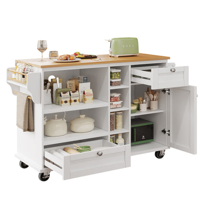 Esszimmerwagen (129 x 46 x 92 cm), modernes minimalistisches Weiß, mobiler Küchen-Esswagen mit Schubladen und Lagerschränken, hellbraune Holzarbeitsplatte, passend für moderne Wohnungen