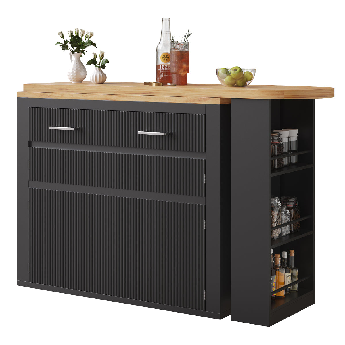 Ausziehbarer Bartisch Schwarz (137-215cm) - Moderner Teleskop-Hochtisch mit Schublade & Regalen - Bewegliche Kücheninsel & Bistro Table