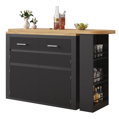 Ausziehbarer Bartisch Schwarz (137-215cm) - Moderner Teleskop-Hochtisch mit Schublade & Regalen - Bewegliche Kücheninsel & Bistro Table