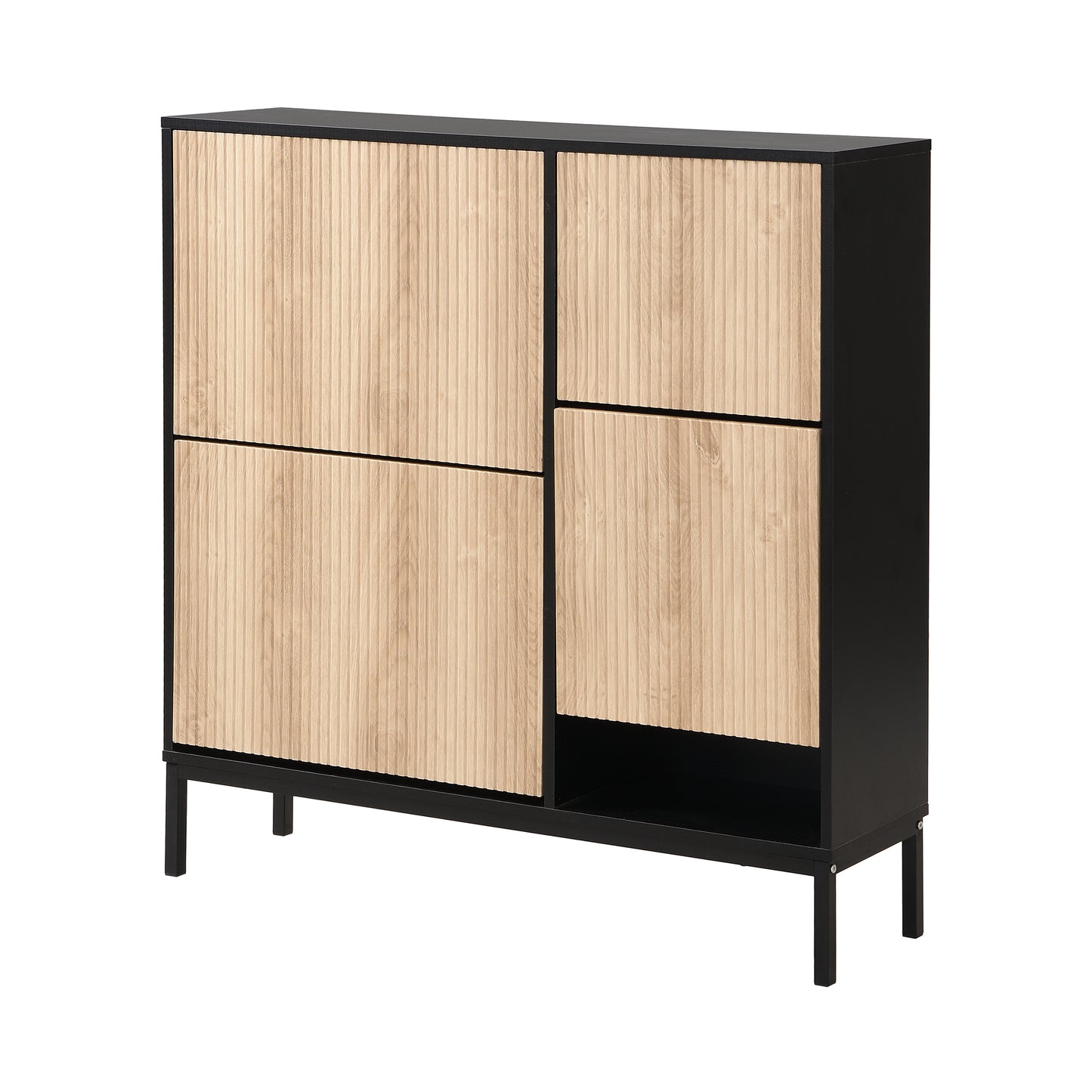 Schuhschrank mit Schuhwechselhocker, dreifach klappbarem Schuhregal und offenem Stauraum, geeignet für Flure, Schwarz + Holzfarbe