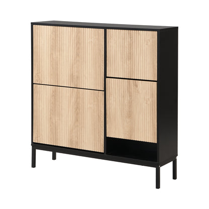 Schuhschrank mit Schuhwechselhocker, dreifach klappbarem Schuhregal und offenem Stauraum, geeignet für Flure, Schwarz + Holzfarbe