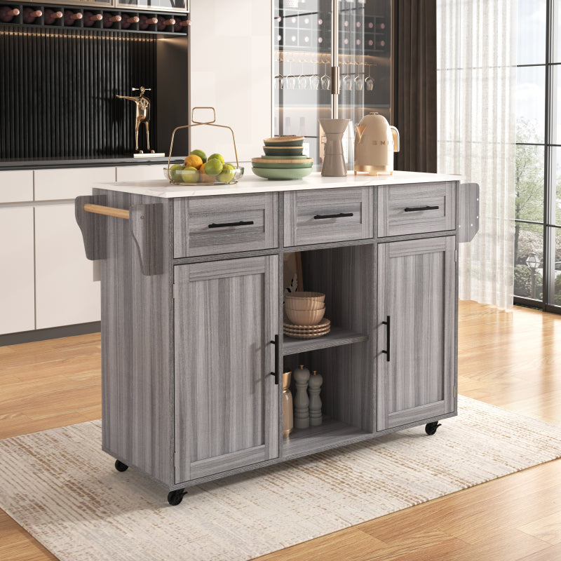 139x46(71)x91.5 cm großer Servierwagen/Beistellschrank, graues Massivholz-Furnier für den Korpus + weiße Marmor-Furnierdekoration für die Arbeitsplatte, Schrank/klappbare Arbeitsfläche/Stauraumtüren/r