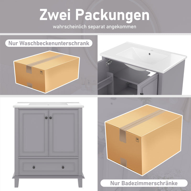 76x46x87cm Bodenstehender Badezimmerschrank mit Waschbeck, Waschtisch,Beine aus Massivholz, MDF-Material, feuchtigkeits- und wasserdicht, großer Stauraum, integriertes Keramikwaschbecken, Grau