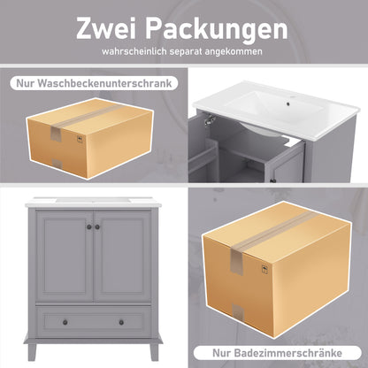 76x46x87cm Bodenstehender Badezimmerschrank mit Waschbeck, Waschtisch,Beine aus Massivholz, MDF-Material, feuchtigkeits- und wasserdicht, großer Stauraum, integriertes Keramikwaschbecken, Grau