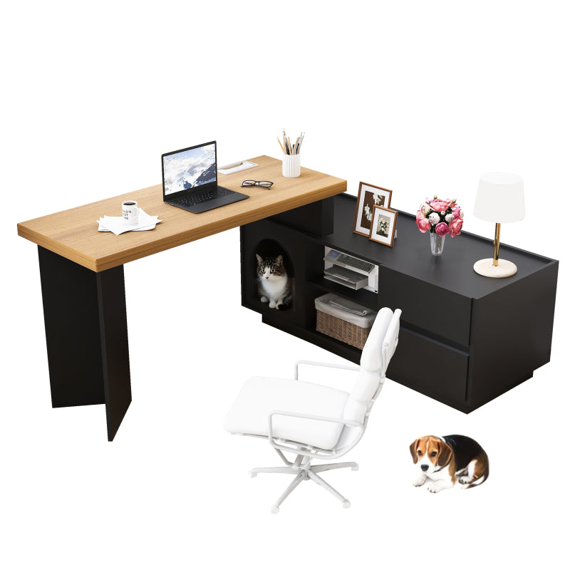 Eckschreibtisch mit integriertem Tierhaus, L-förmig oder einteilig, flexible Montage, Eckschreibtisch für Home Office mit XL-Tierhöhle, Black