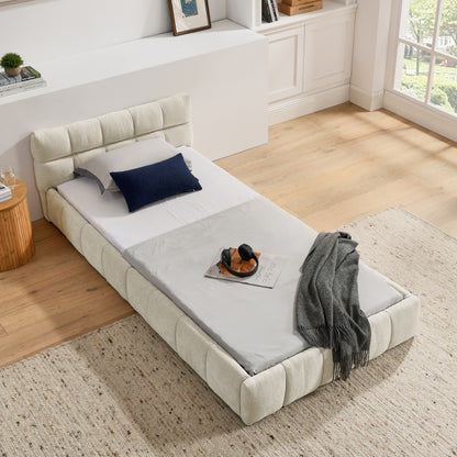 Einzelbett 90*200 cm, Kinderbett mit seidig weichem Chenille - Bezug, quadratischem Steppdesign, Beige (ohne Matratze)