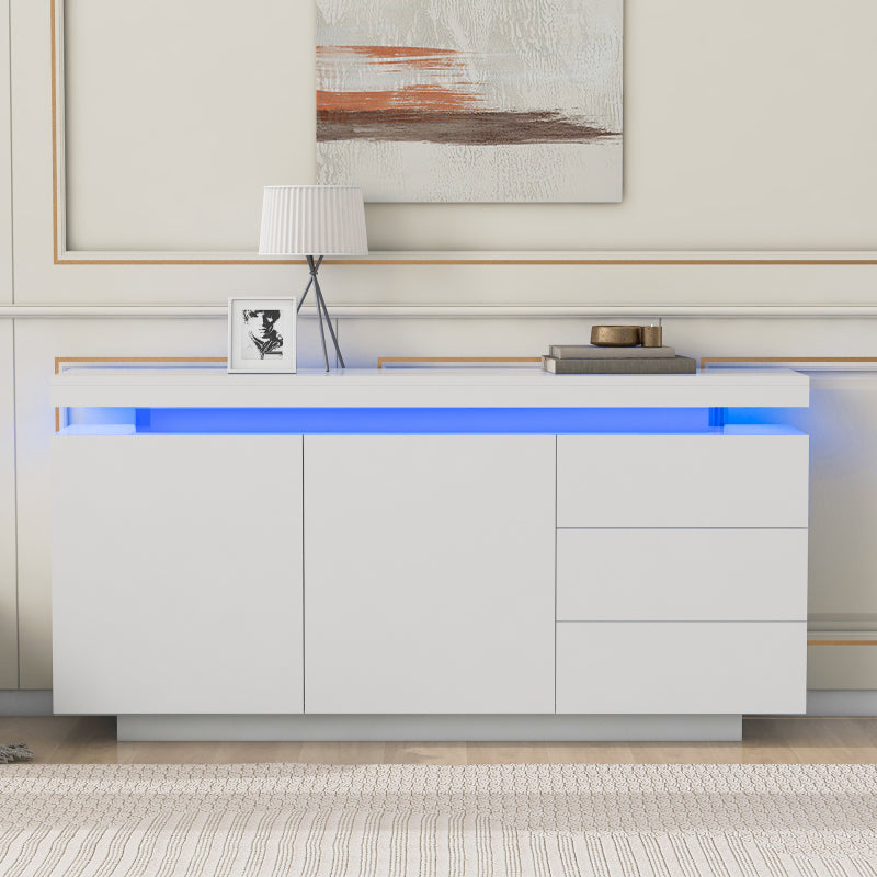 Sideboard Schrank Modern Wohnzimmer Beistellschrank Standschrank Kommode Highboard Anrichte Möbel 2 Türen 3 Schubladen Hochglanz Sideboard mit LED Licht Grifflose 140x35x72.5cm - Weiß
