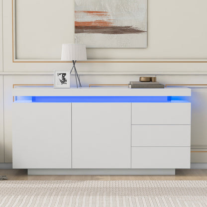 Sideboard Schrank Modern Wohnzimmer Beistellschrank Standschrank Kommode Highboard Anrichte Möbel 2 Türen 3 Schubladen Hochglanz Sideboard mit LED Licht Grifflose 140x35x72.5cm - Weiß
