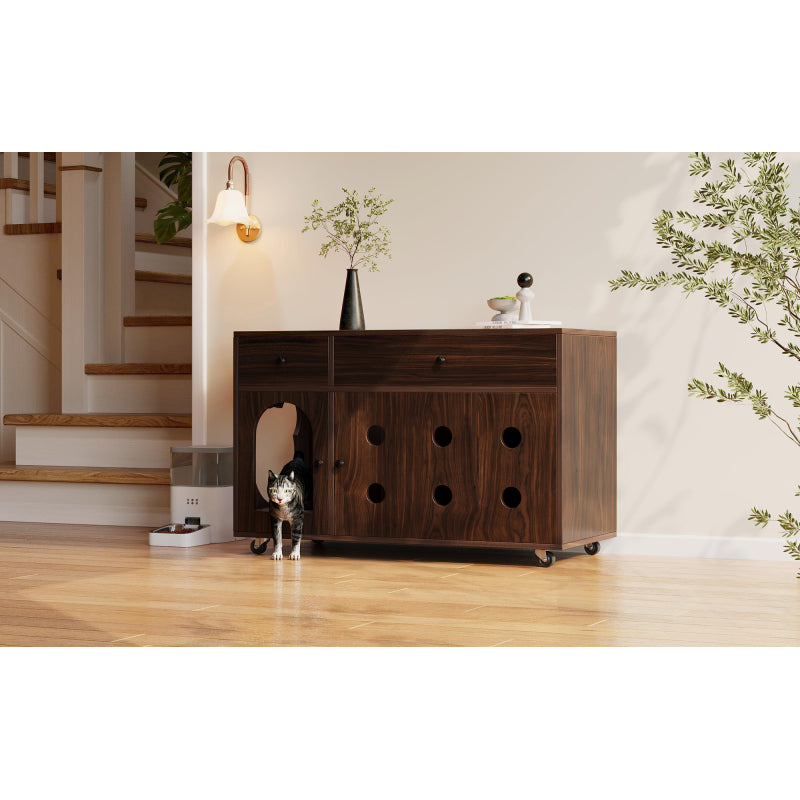 Katzenschrank/Katzenhaus mit abnehmbare Sandablassplatte, geruchsisoliert, ohne Katzenklo, 100×45×66 cm, Nussbaumfarbe