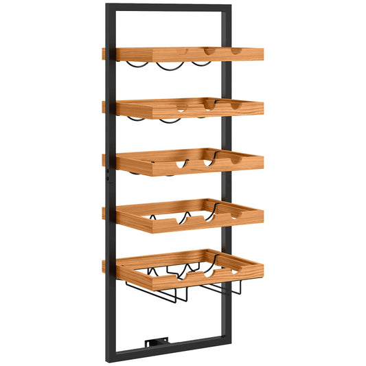 Weinregal wandmontierbar mit 5 Ebenen, Weinständer für 15 Flaschen und 4 Gläser, Kiefernholz, Stahl, für Küche Esszimmer Bar, Braun