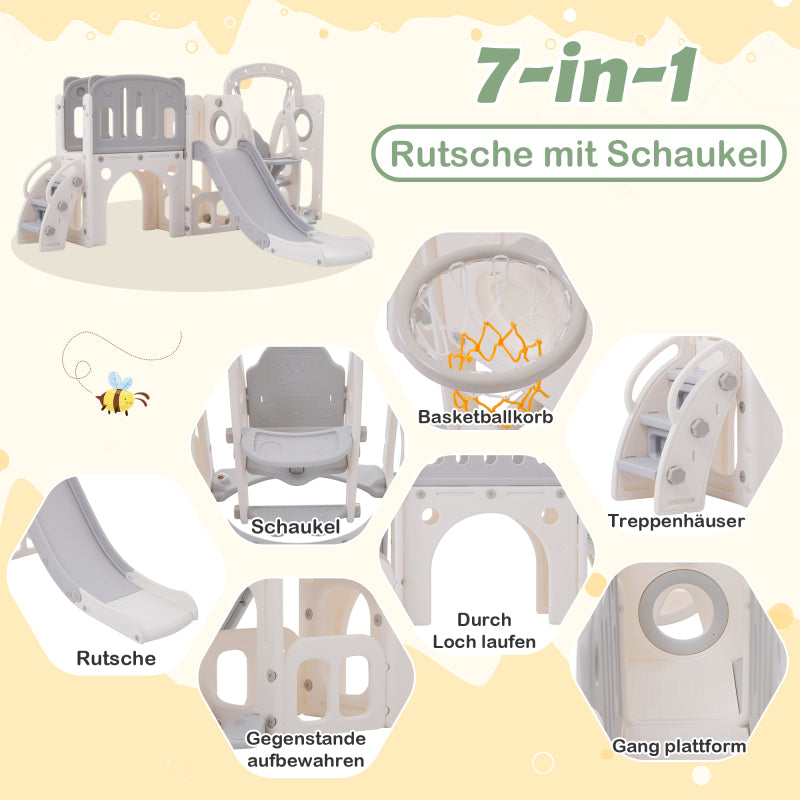 7-in-1-Rutsche für Kinder, bestehend aus Rutsche, Schaukel, Plattform, Unterschrank, Lochbohrspiel, Basketballkorb und Treppe - hochdichtes Polyethylen (Ozeanball nicht enthalten)