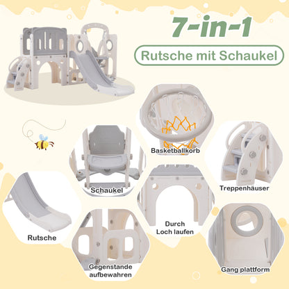 7-in-1-Rutsche für Kinder, bestehend aus Rutsche, Schaukel, Plattform, Unterschrank, Lochbohrspiel, Basketballkorb und Treppe - hochdichtes Polyethylen (Ozeanball nicht enthalten)