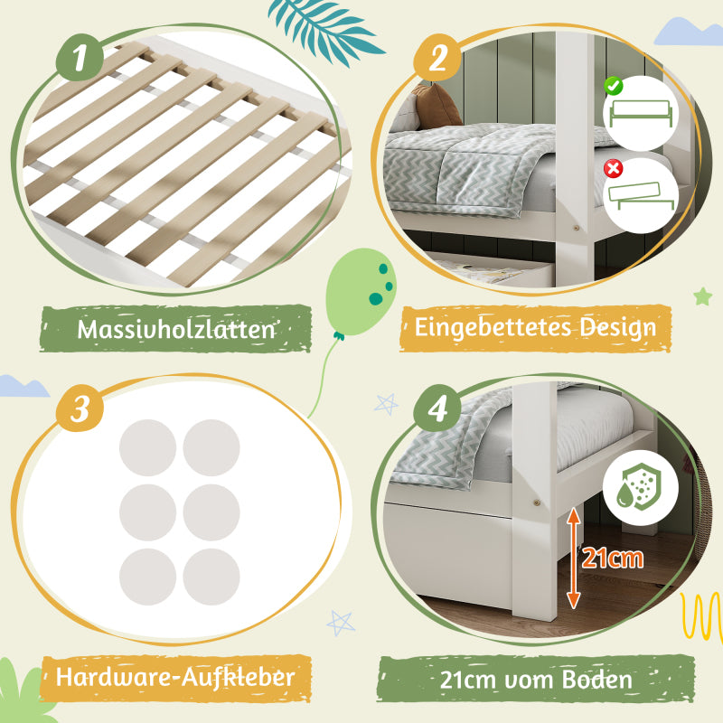 Hausbett Kinderbett 90x200 cm aus Massivholz mit Schubladen & abnehmbarem Nachttisch - Bodenbett in Weiß, ohne Matratze