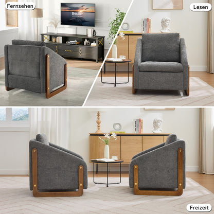 Sessel, Akzentstuhl für Wohnzimmer, Loungesessel, moderner Stuhl mit Armlehne aus Holz, mit Rückenkissen, grauer