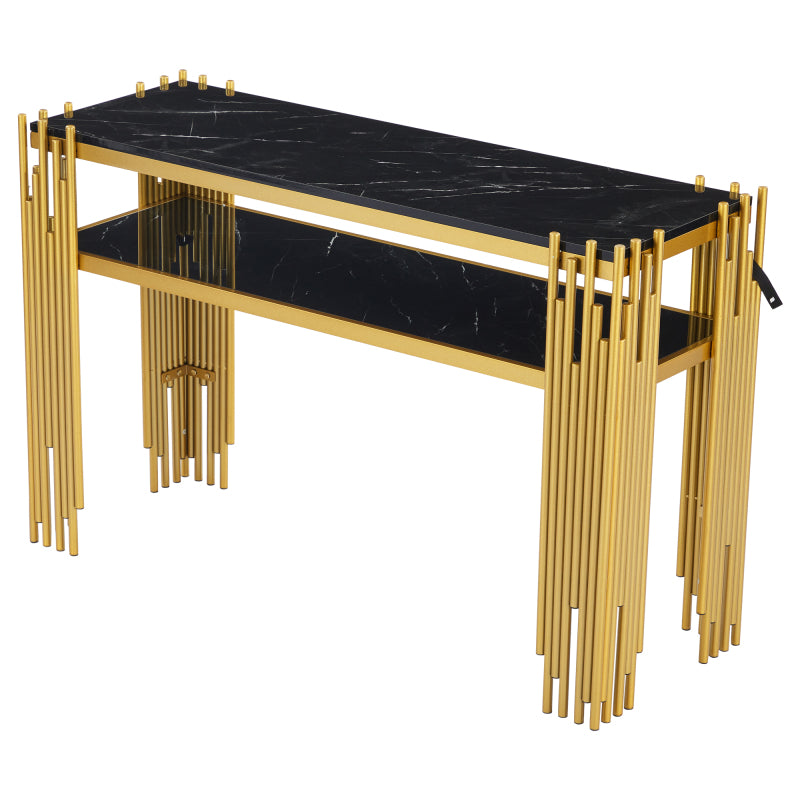 Mid-Century Modern Wohnzimmer Beistelltisch, Konsolentisch, Schwarzer Korpus mit goldenen Beinen, Doppelschicht MDF, Belastbarkeit bis 40 kg