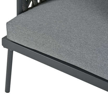 Garten Loungesessel Set, Gartenmöbel Set mit bequemen Kissen, 3er Sofa, 2 Sessel und Couchtisch, Outdoor, Glastischplatte, geflochtene Seilarmlehnen, verzinkter Stahl, grau