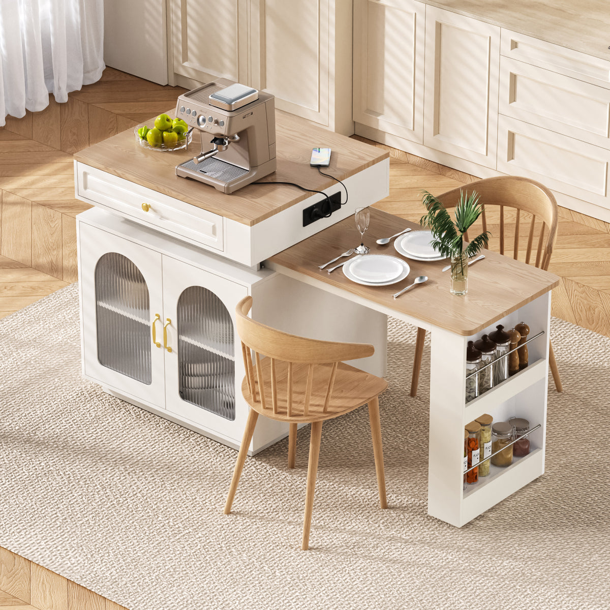 Kücheninsel mit Rollen, ausziehbarer Esstisch 128–200 cm mit LED & Steckdosen, Bartisch/Sideboard