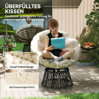 Papasansessel Rattan 360° drehbar Korbsessel mit Kissen Durchmesser 90 cm, für Wohnzimmer, Garten, Balkon, Beige