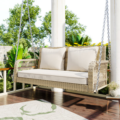 Hollywoodschaukel, Gartenschaukel, Gartenmöbel-Set für den Außenbereich, Beiges Rattan, beiges Sitzkissen, 2 Sitze, mit Sitzkissen und Rückenkissen, abnehmbar und waschbar