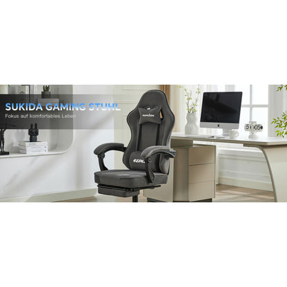 Gaming Stuhl Stoff, Ergonomischer Gaming Chair mit Fußstütze, Verstellbarer Racing Computerstuhl mit Lordosenstütze, Grau Ergonomisch PC-Stuhl