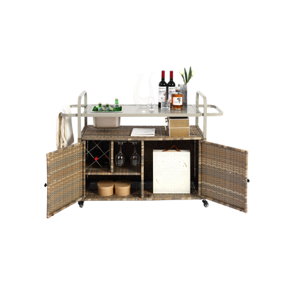Outdoor Bar Table, Wicker Bar Cart with Cabinet, Patio Serving Cart with steel Top, with one ice bucket,Lockable Wheels, Side Basket for Garden, Poolside & Backyard, Beige
