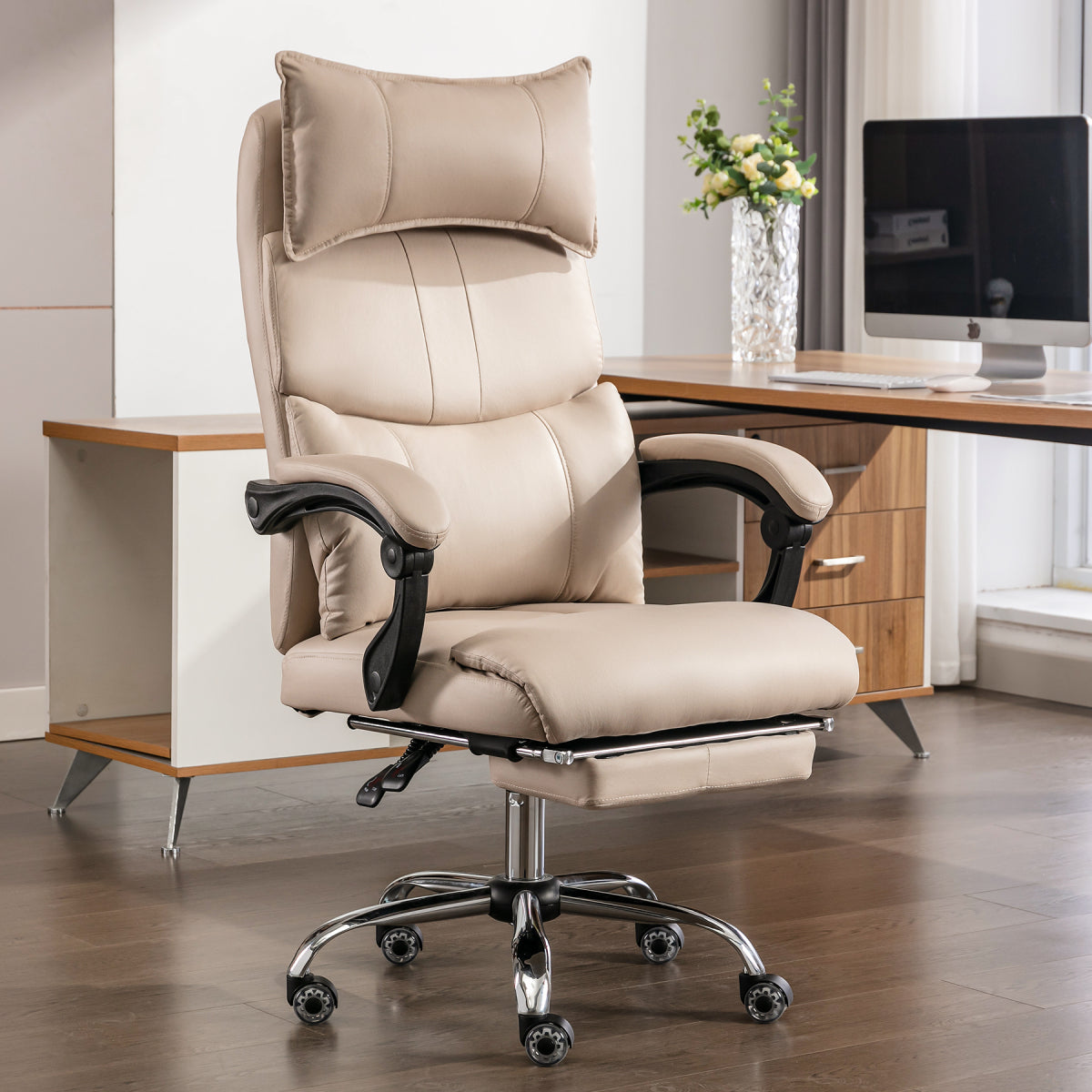 Chefsessel Beige PU-Leder, Ergonomisch, Höhenverstellbar, Doppel-Lordosenstütze