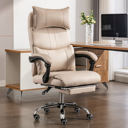 Chefsessel Beige PU-Leder, Ergonomisch, Höhenverstellbar, Doppel-Lordosenstütze
