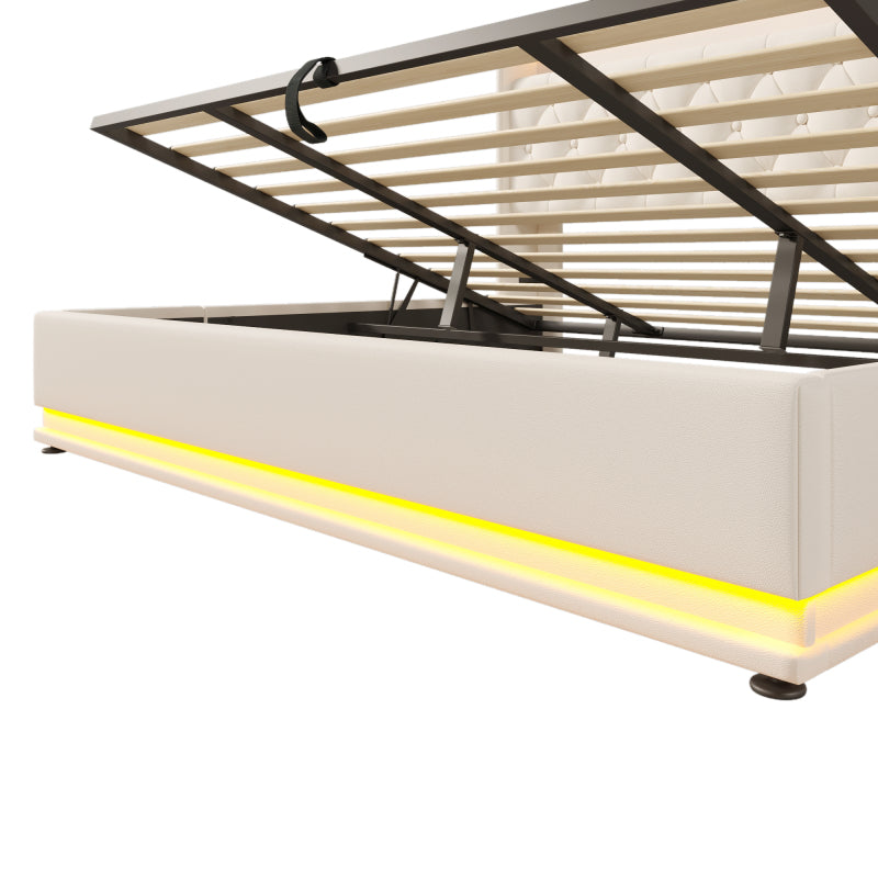 Polsterbett Doppelbett, 360-Surround-LED-Funktion, Drucktaste/App/Fernbedienung, 180*200 cm, weiß PU-Material Hydraulisches Lagerbett, gepolstertes Kopfteil mit USB Typ-C Ladefunktion (Ohne Matratze)