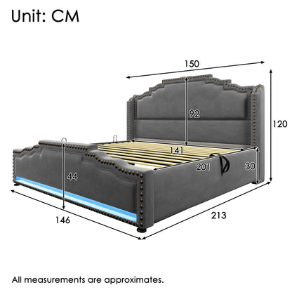 Polsterbett 140x200, Doppelbett mit hydraulischem Stauraum, LED-Beleuchtung und USB-C-Ladeanschluss, Stauraumbett und Jugendbett mit Lattenrost, Samt, Grau, ohne Matratze
