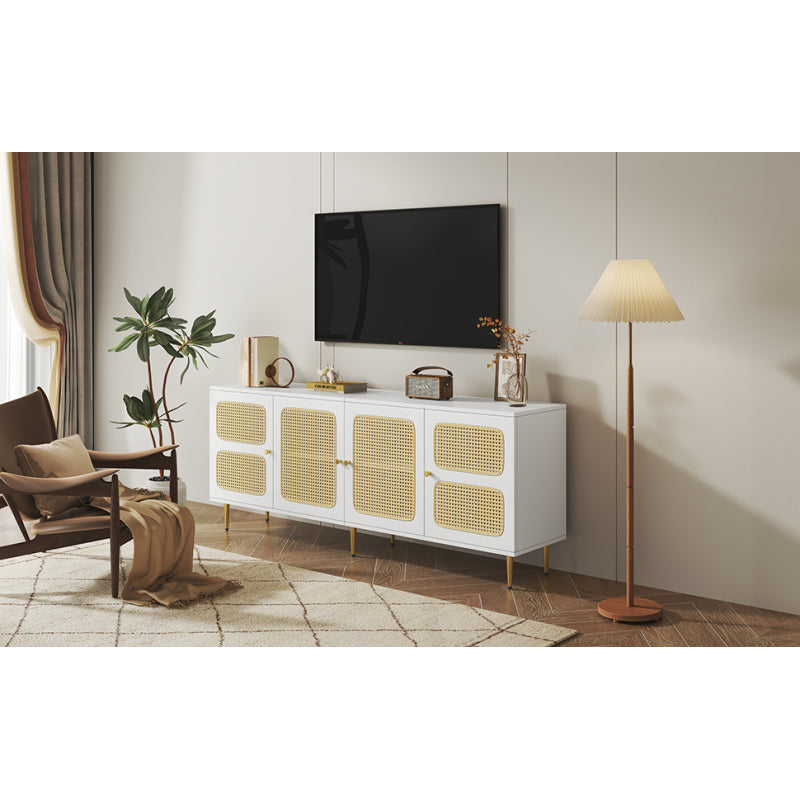 Eleganter Weißer Rattan-TV-Schrank 180x40x72 cm - Mit 4 Rattantüren, Höhenverstellbaren Regalen und Kabelmanagement, Für bis zu 80 Zoll Fernseher,TV-Schränke,Lowboards