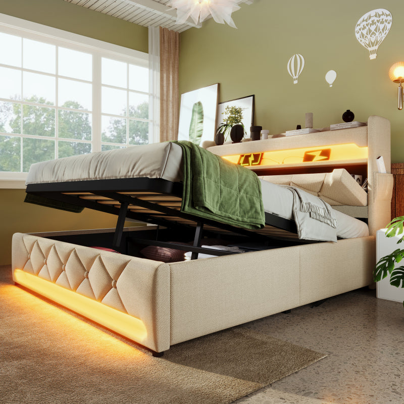 Polsterbett Doppelbett 160*200, Stauraum Kopfteil mit USB und Typ C-Port ,360-Surround-LED-Funktion rund um Kopf- und Fußende des, Betten mit Hydraulisch Stauraum, Beige , Leinen(Ohne Matratze)