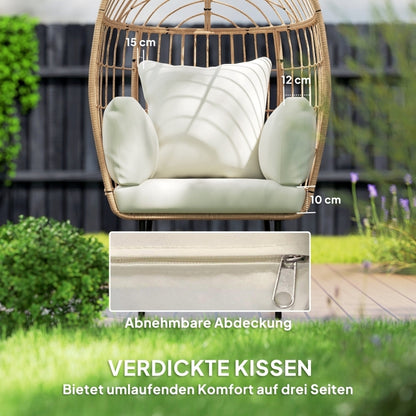 Rattansessel Ei-Förmig mit abnehmbarem Kissen, Gartenstühle für Garten Balkon, Veranda, Terrasse, Beige