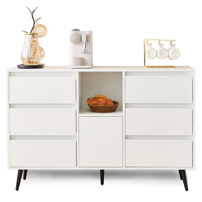 Modernes weißes Sideboard mit LED-Beleuchtung, 6 geräuschlosen Schubladen, Push-Open-Türen, Hochglanzlackierung, mattschwarzen Metallbeinen, 120x40x80 cm – ideal für Küchen, Ess- und Wohnbereiche