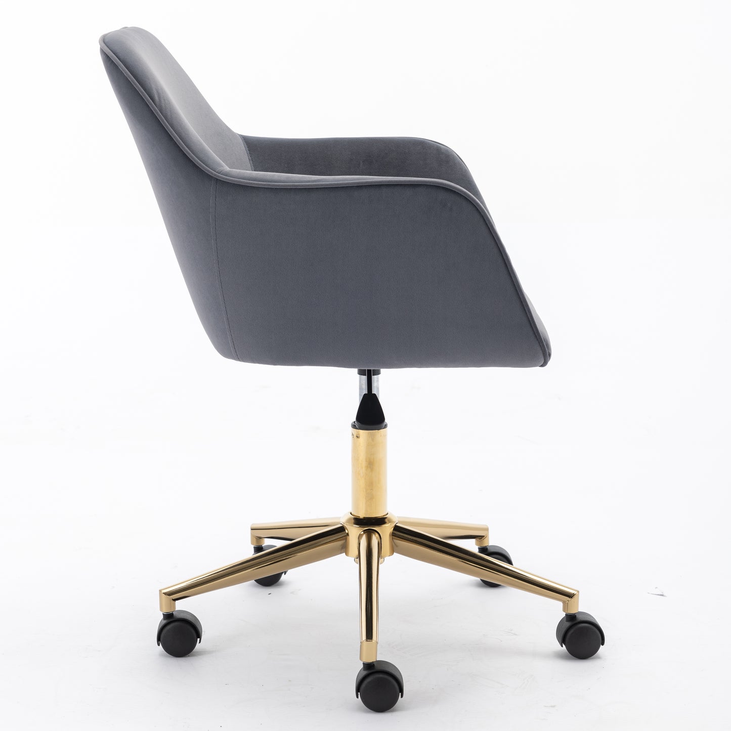 Neuer höhenverstellbarer Drehstuhl aus Samtstoff für das Büro im Innenbereich mit goldenen Beinen, grau