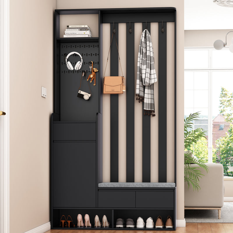 Flurgarderobe mit gepolsterter Aufbewahrungsbank, multifunktionaler Flur-Schuhschrank mit Stecktafel, moderne Garderobe mit 4 Haken für Eingangsbereich, Waschküche, Schwarz,H180/B100/T35 cm