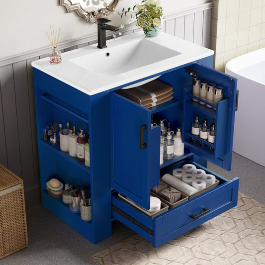 76 x 46 x 78.5cm Bodenstehender Badezimmerschrank, Waschtisch,komplett lackiert, Doppeltürregale, geräuschlose Schubladen, Regale auf beiden Seiten, integriertes Keramikwaschbecken, blau