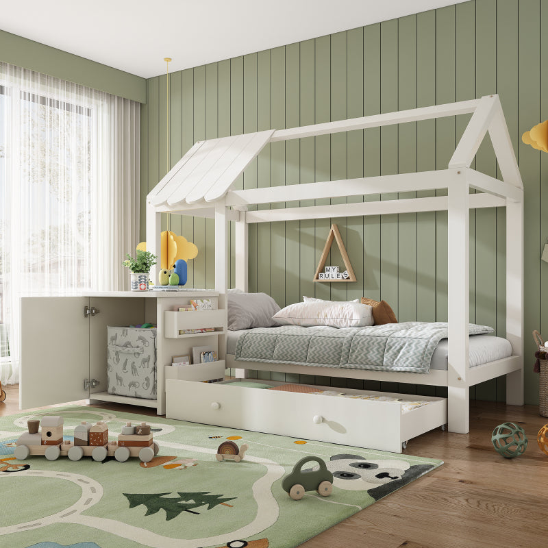 Hausbett Kinderbett 90x200 cm aus Massivholz mit Schubladen & abnehmbarem Nachttisch - Bodenbett in Weiß, ohne Matratze