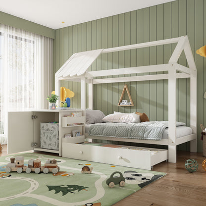 Hausbett Kinderbett 90x200 cm aus Massivholz mit Schubladen & abnehmbarem Nachttisch - Bodenbett in Weiß, ohne Matratze