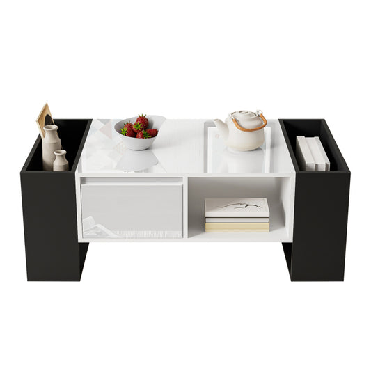 Moderner Couchtisch 105 x 60 x 40,5 cm – Schwarz-Weiß-Design mit hochglänzender Oberfläche, Schublade und 4 offenen Fächern