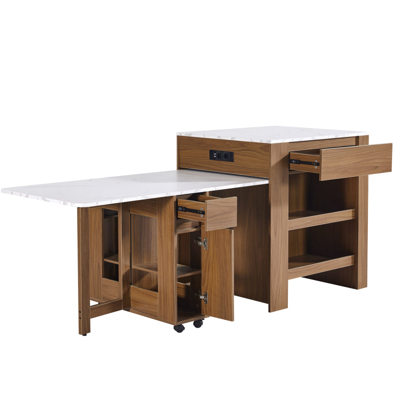 Ausziehbarer Bartisch mit Stauraum(110-124×78×97.5cm), für 2-6 Personen, Kücheninseln mit 2 Schubladen, 2 seitliche offene Regale und eingebaute Steckdose,Tischplatte aus weiß marmoriertem MDF,Braun