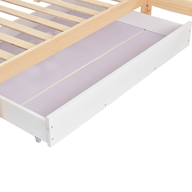 Kinderbett Hausbett mit Schubladen und Regalen, Massivholz mit Zaun und Lattenrost, L-Struktur, Natur (90x200 cm+140x70cm)
