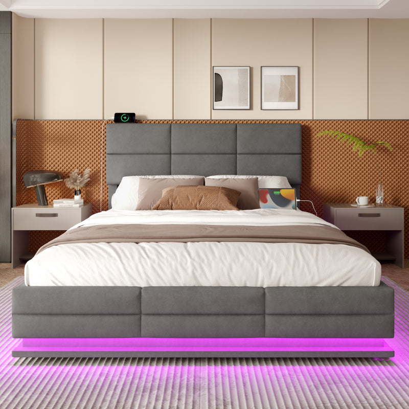 180x200 cm Modernes Velours-Polsterbett mit höhenverstellbarem Kopfteil - Inkl. USB/Type-C-Anschlüssen, LED-Ambientebeleuchtung, hydraulischem Lift-System & XXL-Stauraum (ohne Matratze) - Grau