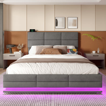 180x200 cm Modernes Velours-Polsterbett mit höhenverstellbarem Kopfteil - Inkl. USB/Type-C-Anschlüssen, LED-Ambientebeleuchtung, hydraulischem Lift-System & XXL-Stauraum (ohne Matratze) - Grau